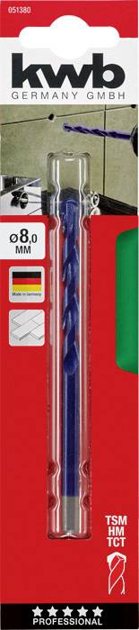 Verpackung eines KWB Bohrers, 8,0 mm, für Fliesen. Enthält Diagramm von Bohrertypen und Verwendung. Rote Verpackung, professionell.