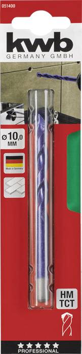 Verpackung eines Bohrers von kwb Germany, 10 mm Durchmesser, für Beton, zeigt eine Anwendungsszene, roter Hintergrund.