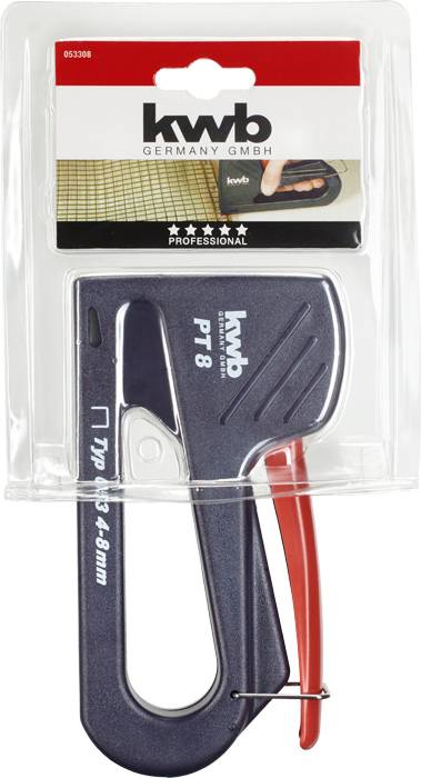 Tacker der Marke 'kwb', Modell PT8, in Kunststoffverpackung. Geeignet für Heftklammern von 7 bis 14 mm. Verpackung zeigt Bild der Anwendung.