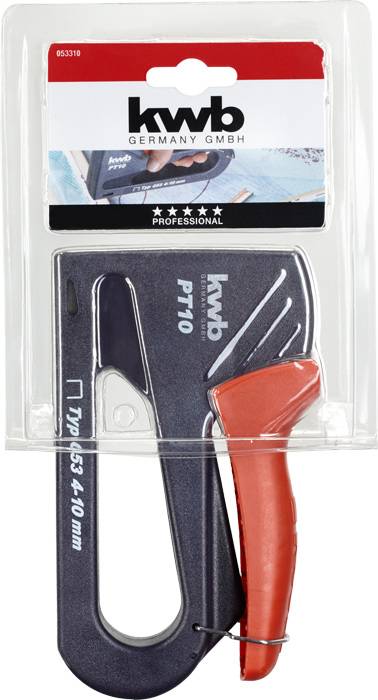 Verpackter Handtacker der Marke KWB, Modell PT10. Schwarzes Gehäuse mit rotem Griff. Für Klammern der Größe 6-14 mm geeignet.