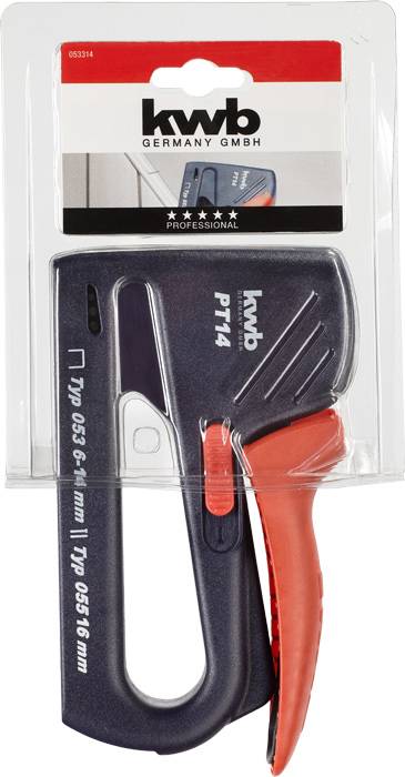 Verpackter, schwarzer und roter Handtacker 'kwb' Typ 0536-4 mit ergonomischem Griff und Heftklammern, geeignet für professionelle Nutzung.