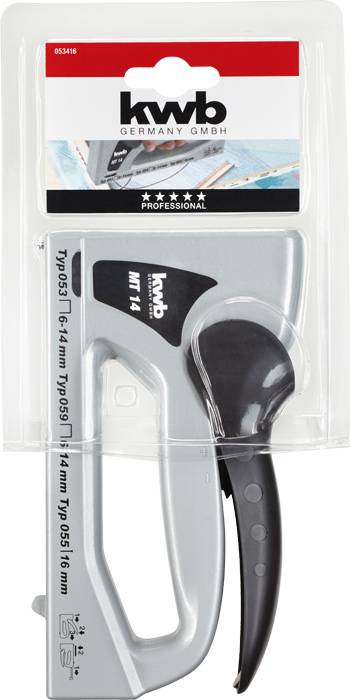 Graue Klammerpistole von kwb mit ergonomischem Griff, verpackt in einer Kunststoffhülle.