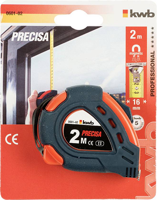 Verpackung eines 2-Meter Maßbandes mit Aufschrift 'PRECISE'. Enthält CE-Kennzeichnung und ein Bild, das die Verwendung zeigt.