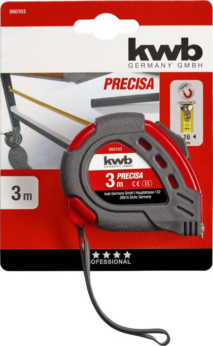 Ein Maßband der Marke 'kwb' mit einer Länge von 3 Metern. Die Verpackung zeigt ein Bild von Werkzeugen und hat rote und schwarze Farben.