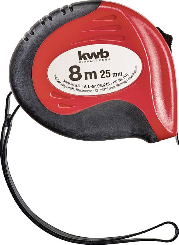 Maßband mit rotem und schwarzem Gehäuse, Aufschrift '8 m, 25 mm', mit Handgelenkschlaufe.