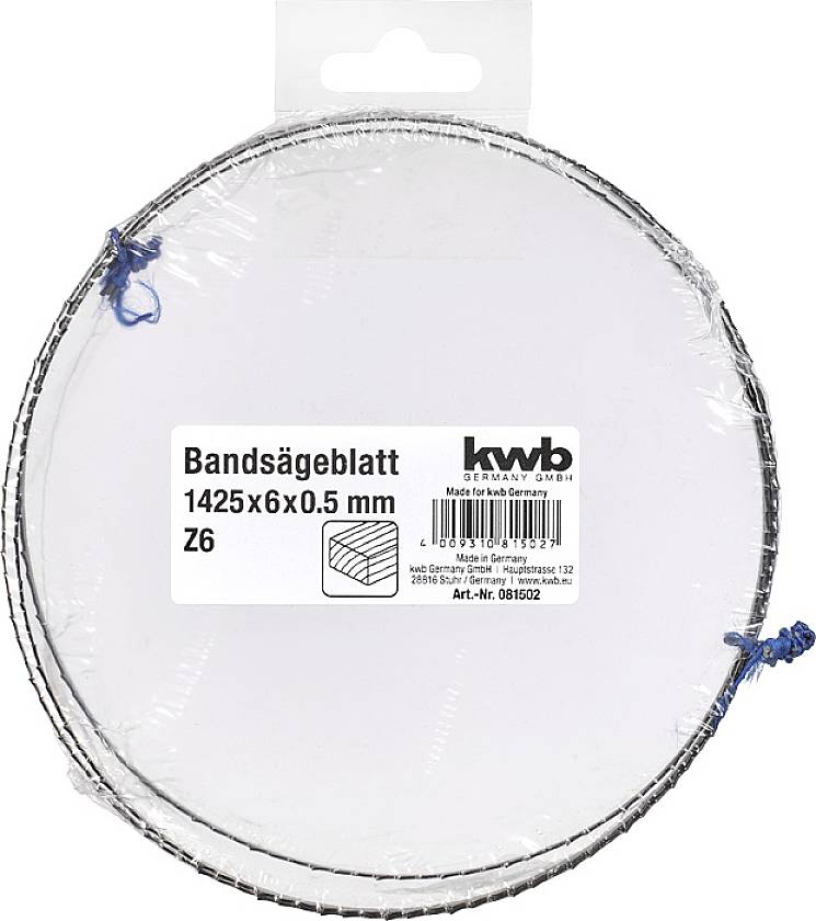 'Bandsägeblatt 1425x6x0,5 mm Z6.' Runder, verpackter Sägeblatt-Artikel mit Etikett, hergestellt in Deutschland von kwb.