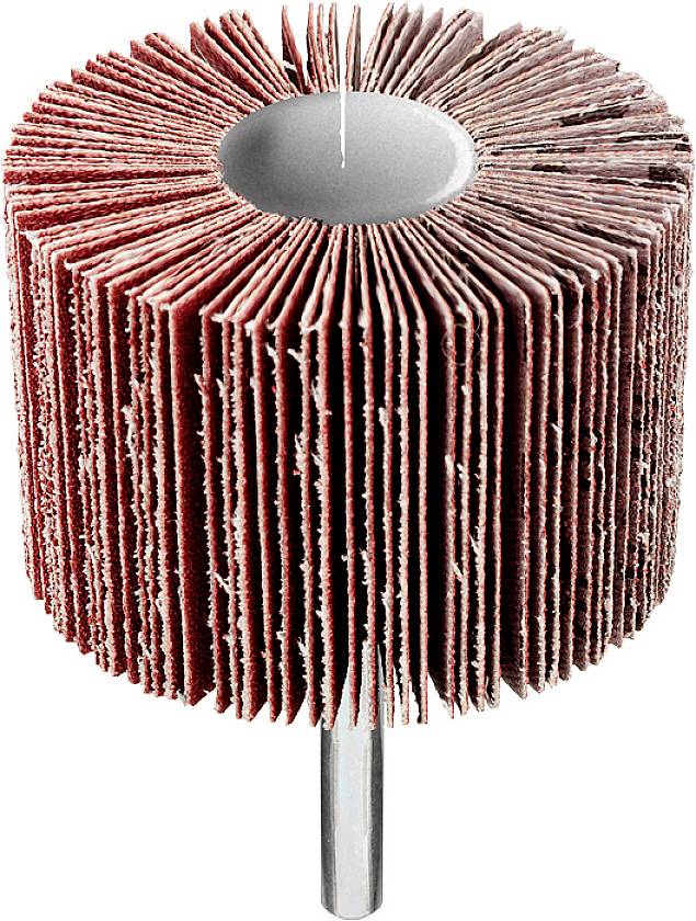 Ein zylindrischer Schleifkopf mit vielen roten Lamellen auf einer Metallachse, verwendet zum Schleifen oder Polieren von Oberflächen.