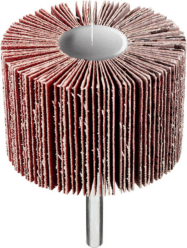 Schleifvlies in Zylinderform mit Metallstift; wird zum Glätten und Polieren von Oberflächen verwendet.