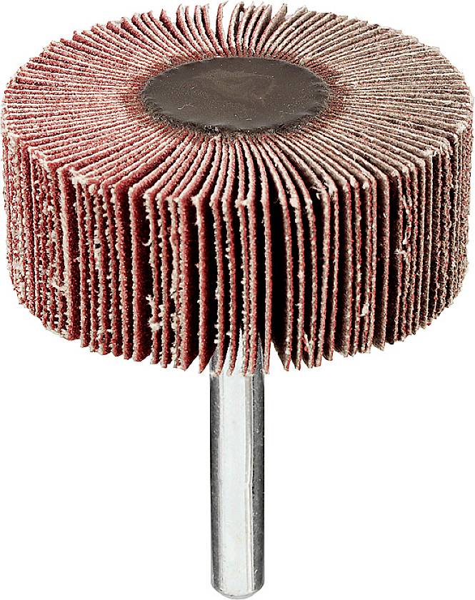 Ein runder Schleifaufsatz mit vielen roten, abgenutzten Lamellen und einem Metallstift in der Mitte, typischerweise für Bohrmaschinen.