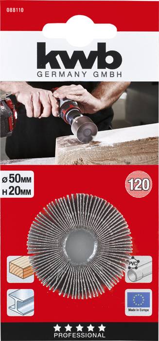 Schleifvlies-Lamellenscheibe KWB, 50 mm Durchmesser, für Holz und PVC. Set aus 120 Scheiben, geeignet für professionelle Anwendungen.