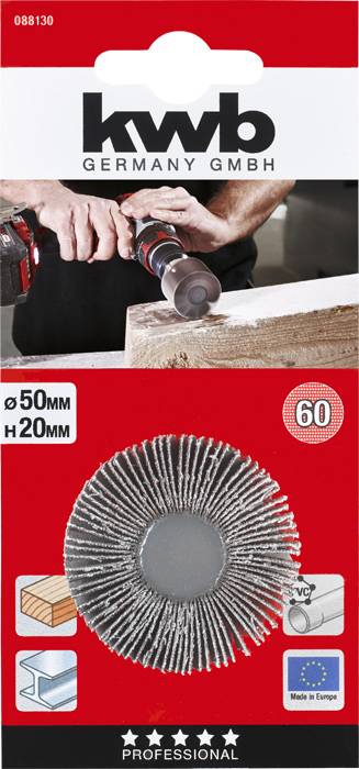 'Kwb Germany GmbH' Bürstenscheibe-Verpackung mit Bild eines Handwerkers mit Bohrer, ideal für Holz- und Metalloberflächen.