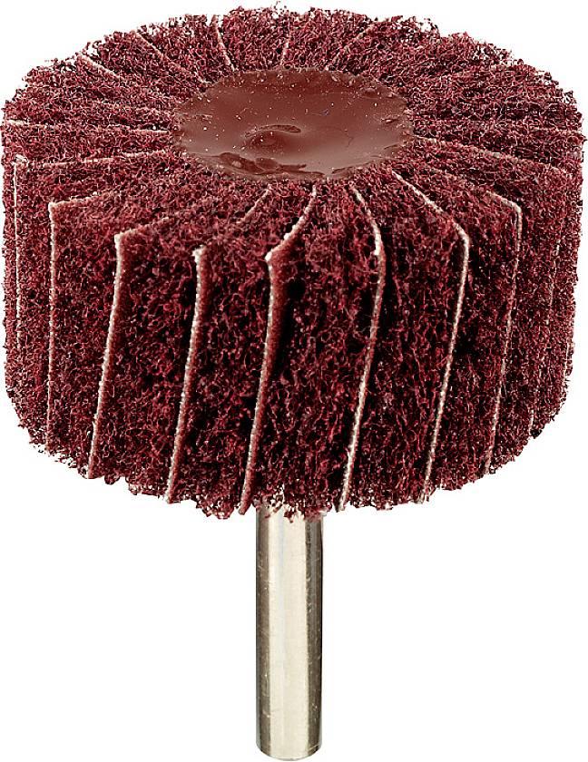 Ein Schleifaufsatz mit radialen Schleifblättern auf einer Metallstange, zur Verwendung mit einem Bohrwerkzeug.