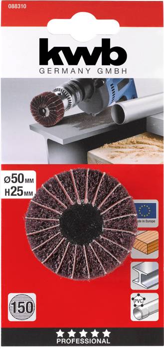 Verpackung einer Schleifscheibe 'kwb Germany GmbH', Durchmesser 50 mm, Höhe 25 mm, geeignet für Metall, Holz und Kunststoff.