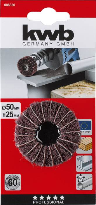 'Kwb Germany GmbH' Verpackung einer Topfbürste, 50 mm Durchmesser, 25 mm Tiefe. Geeignet für Metall, Holz, Kunststoff mit Symbolen für Maschinenkompatibilität.