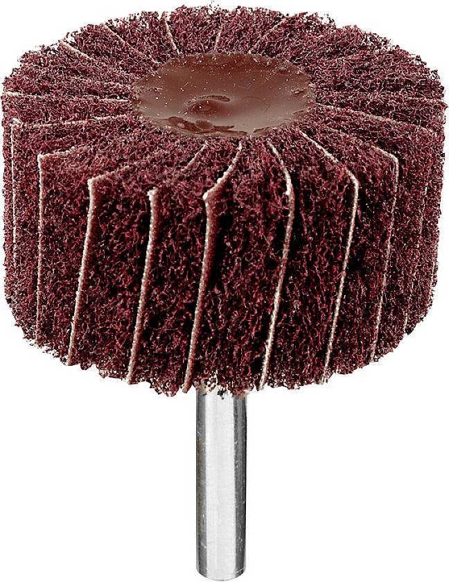 Schleifaufsatz mit rundem, lamellenförmigem Design und Metallschaft, zum Glätten und Polieren von Oberflächen.