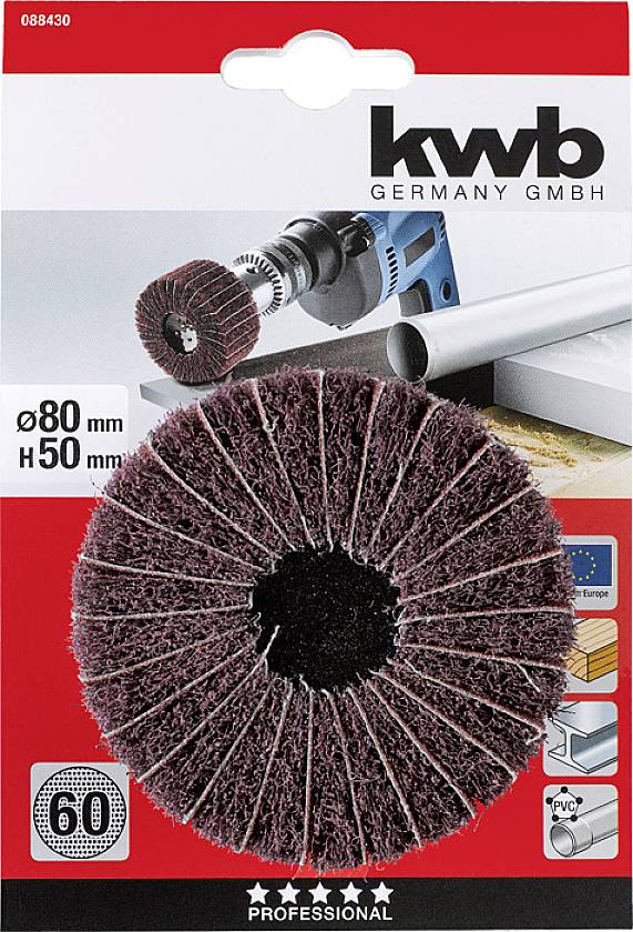 Schleifaufsatz von kwb Germany GmbH, Durchmesser 80 mm, Höhe 50 mm, geeignet für Metall- und Kunststoffbearbeitung, Körnung 60.