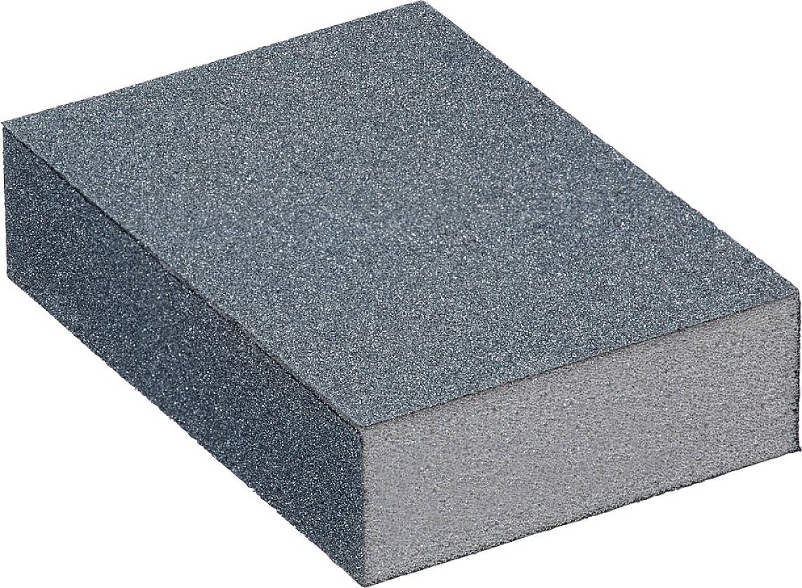 Ein rechteckiger Schleifschwamm mit grober Körnung, verwendet zum Schleifen und Glätten von Oberflächen wie Holz oder Metall.