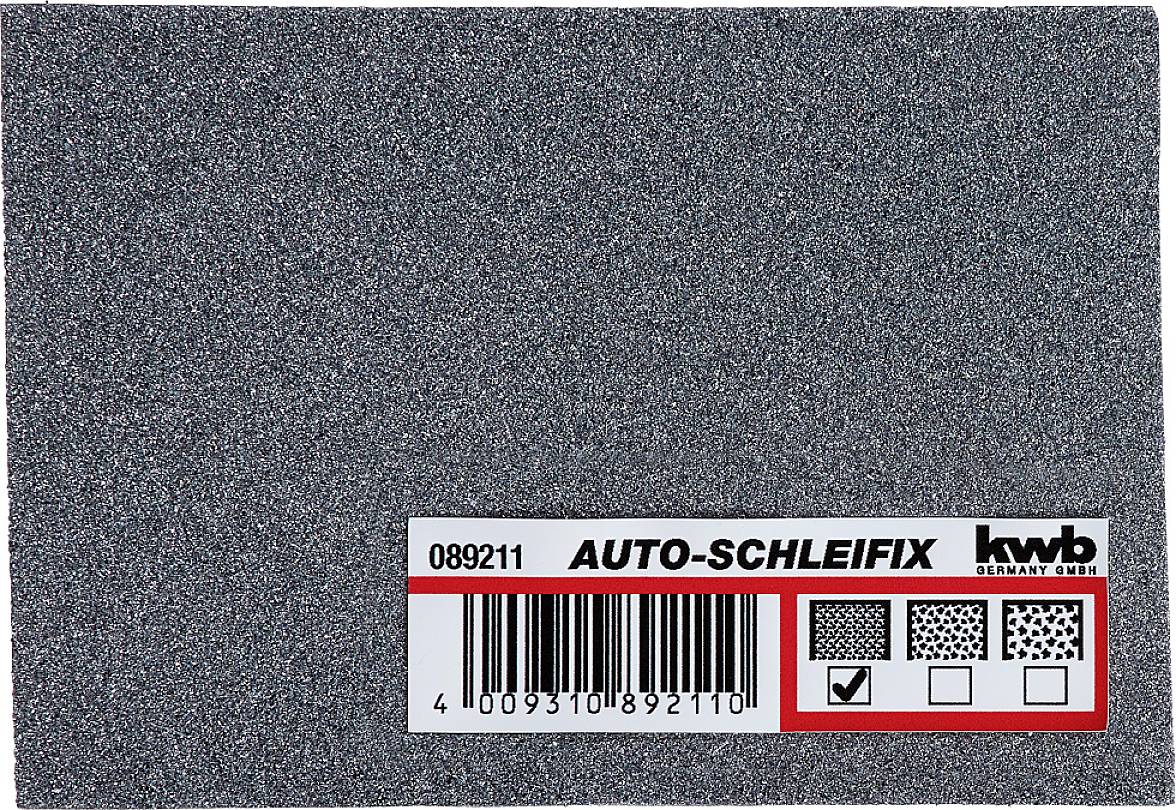 `Rechteckiges Schleifpad mit der Bezeichnung 'Auto-Schleifix', Barcode und Musterbeispielen, geeignet für Schleifarbeiten.`