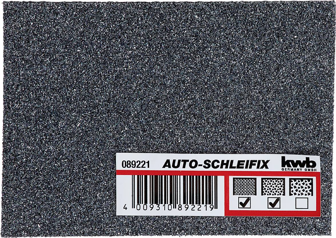 Schleifpad in Rechteckform mit der Aufschrift 'AUTO-SCHLEIFIX', darunter ein Barcode und symmetrische Muster. Markenlogo oben rechts.