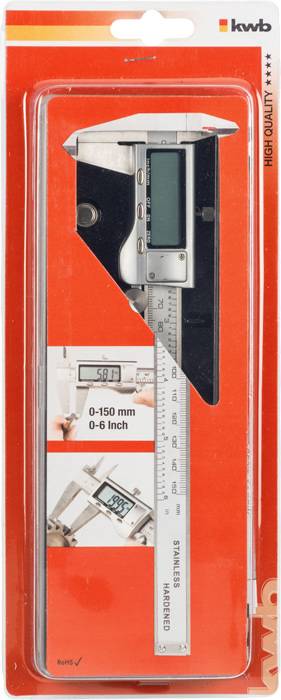 Eine digitale Schublehre mit Skala von 0 bis 150 mm (0-6 Zoll) in einer transparenten Kunststoffverpackung, zeigt präzise Messergebnisse.