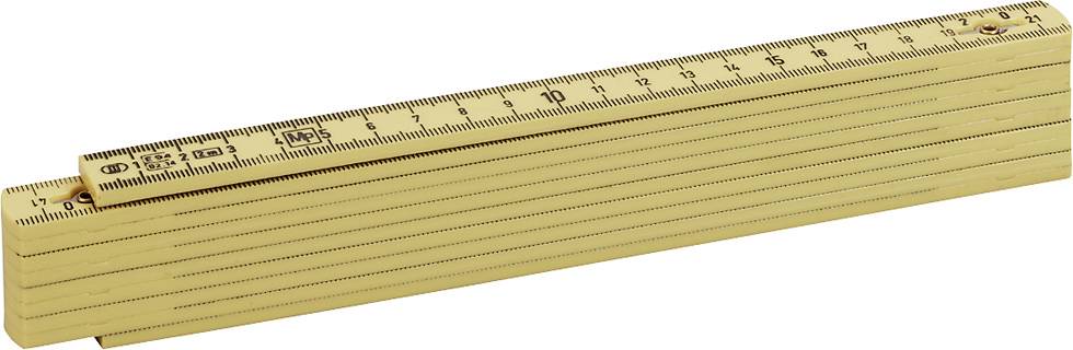 Holzlineal mit Zentimeter- und Zollskala, ideal zum Messen in verschiedenen Einheiten, beige.