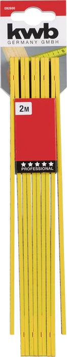 'KWB Germany GmbH' gelber Zollstock, 2 Meter Länge, im Paket abgebildet.