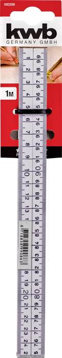 Lineal aus Metall, 1 Meter lang, mit Zentimeter-Markierungen. Verpackung von 'kwb Germany GmbH'.