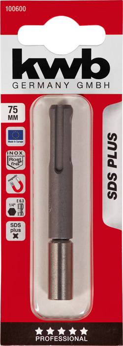 Verpackung eines SDS Plus Bohreradapters der Marke kwb, 75 mm Länge, mit verschiedenen Prüfsiegeln und Symbolen für Eigenschaften.