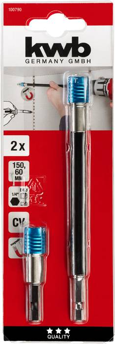 Verpackung von KWB Verlängerungsbits, zwei Stück, 150 mm und 60 mm Länge, mit blauen Bit-Halterungen.