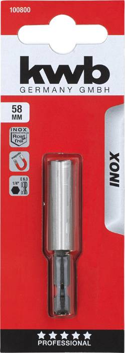 'KWB Germany GMBH' Verpackung mit 58mm Inox Bohrer, spezialisiert für harte Materialien. Verpackung beschreibt Qualität und Nutzung.