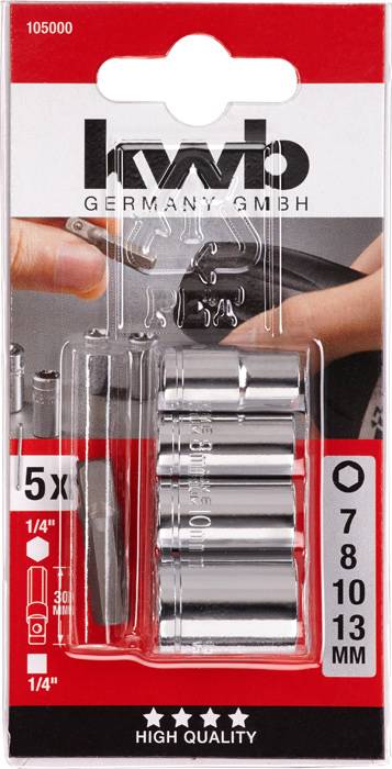 Verpackung mit fünf Stecknüssen von 7 bis 13 mm und Schraubendreheraufsatz, beworben als 'HIGH QUALITY', Bild zeigt Werkzeug in Aktion.