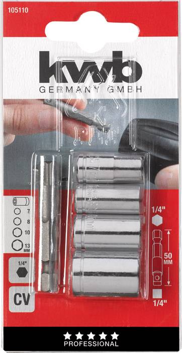 Kwb 105110 Steckschlüsseleinsatz 7 mm, 8 mm, 10 mm, 13mm Antrieb 1/4" (6.3 mm) 5St.