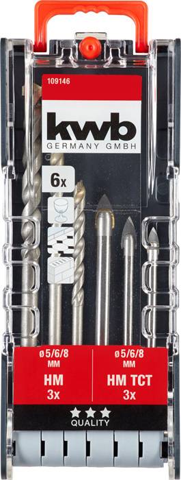 'kwb Germany GmbH' Bohrer-Set mit 6 Steinbohrern: 3x Ø5/6/8 mm, HM, graue Verpackung mit transparentem Deckel und rotem Griff.