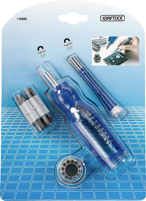 Schraubendreher-Set mit Bits und Verlängerungen von 'Kraftixx', blaues Design, für Elektronikreparaturen, auf Gitterhintergrund.