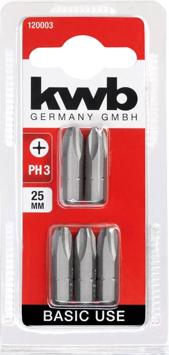 'kwb Germany GmbH' Schraubendreher-Bits in Blisterpackung. Enthält 5 PH3 Bits, 25 mm, für Basisanwendungen.