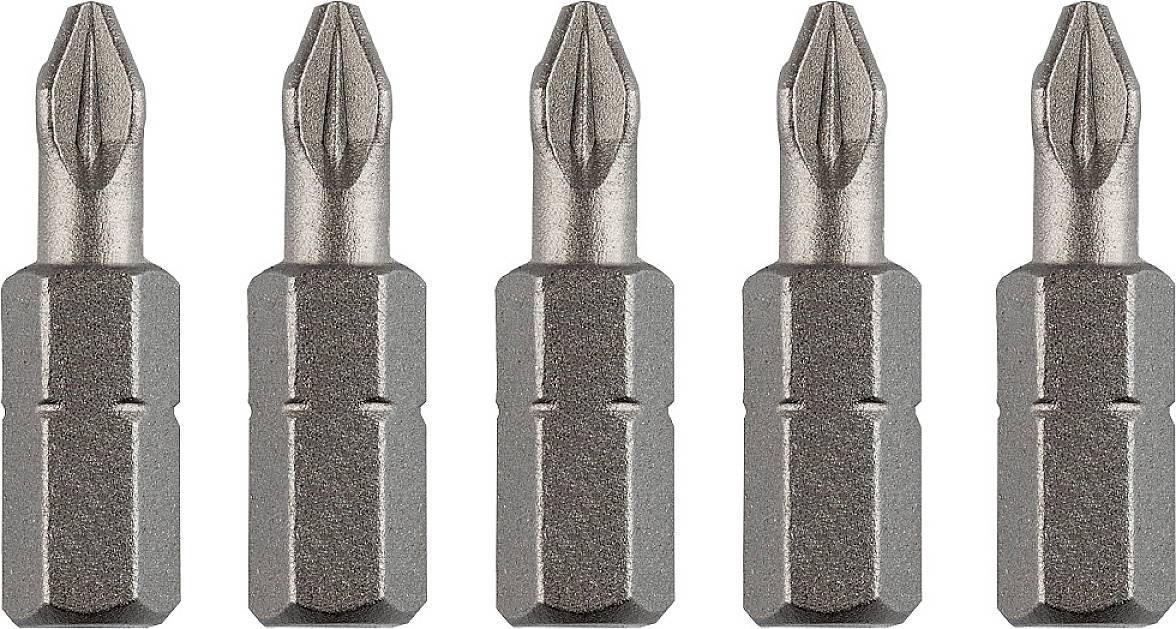 Fünf identische Schraubendreher-Bits in einer Reihe angeordnet.