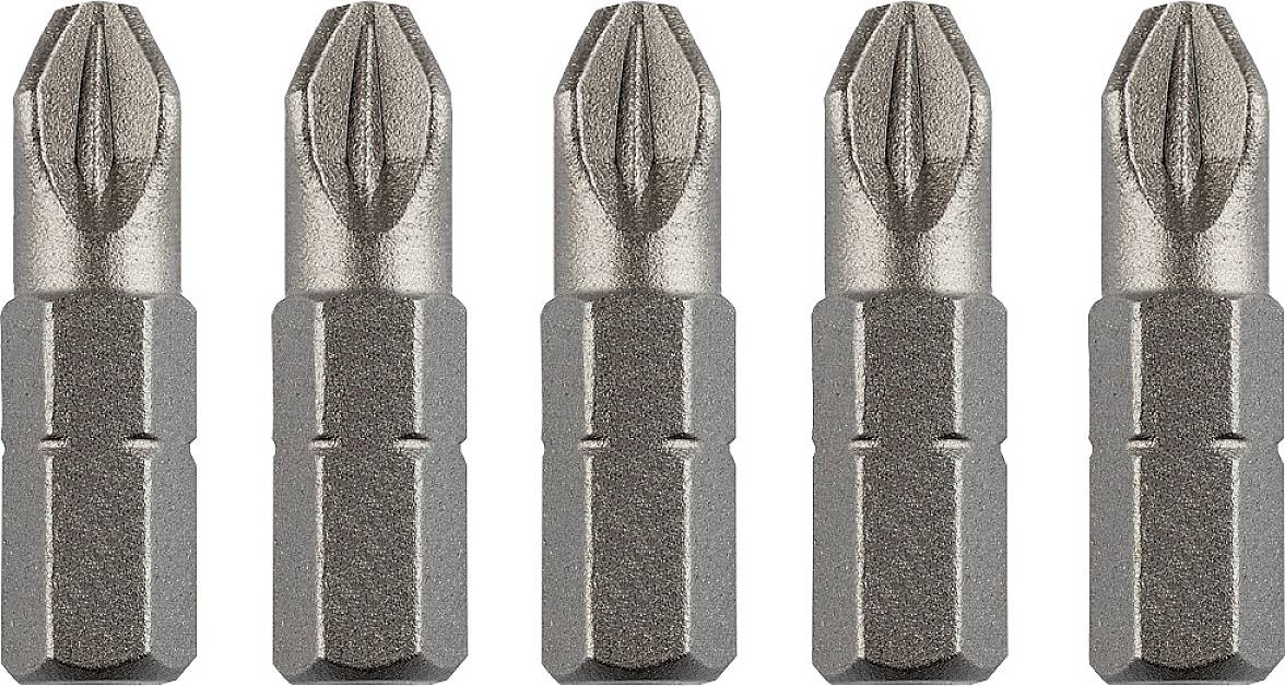 Fünf identische Kreuzschlitz-Bits in einer Reihe. Die Bits sind metallic-grau und haben einen sechskantigen Schaft.