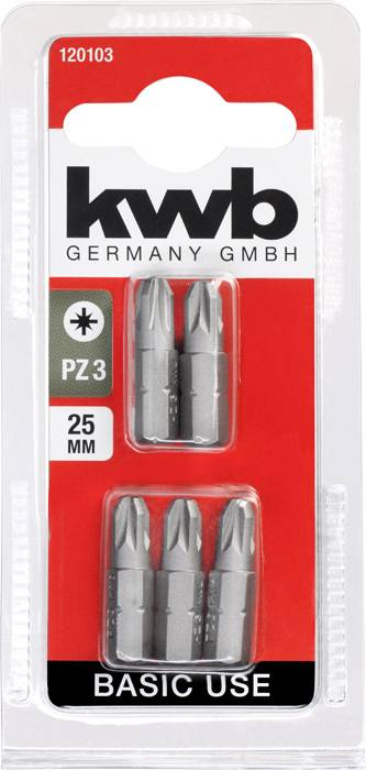 'kwb Germany GmbH' Verpackung mit vier PZ3 Schrauberbits, 25 mm lang. Für einfache Anwendungen geeignet. Rote und weiße Gestaltung.