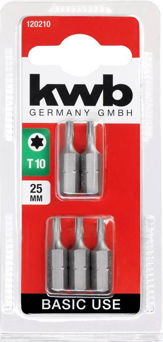 Verpackung mit vier Torx T10 Bits, 25 mm Länge, für den Basisgebrauch. Marke: kwb Germany GmbH. Rote und transparente Verpackung.