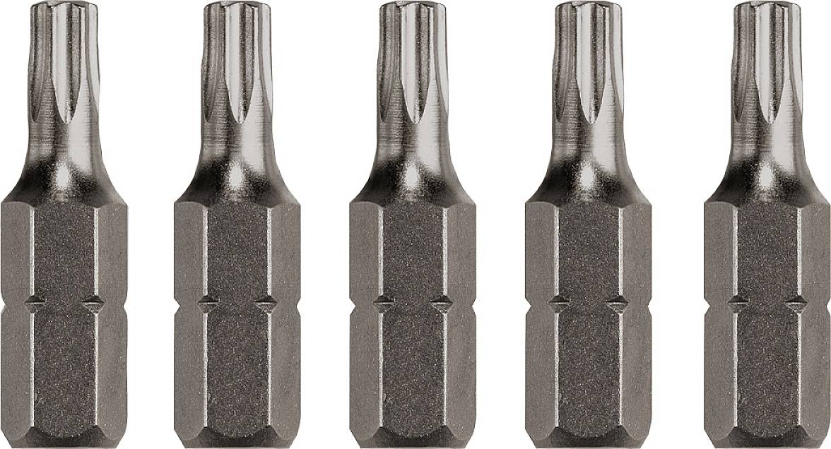 Fünf identische metallische Schraubendrehereinsätze in einer Reihe ausgerichtet, jedes mit einer spezifischen sternförmigen Spitze.