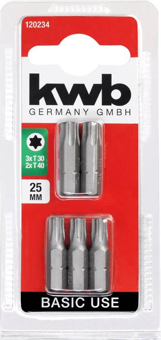 Verpackung mit fünf Bits von 'kwb BASIC USE', 3x T30 und 2x T40, 25 mm Länge, geeignet für allgemeine Anwendungen.