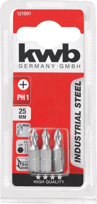 Drei Schrauberbits in einer Verpackung mit Aufschrift 'kwb GERMANY GMBH'. Typ: PH1, Größe: 25 mm, Material: Industrial Steel.