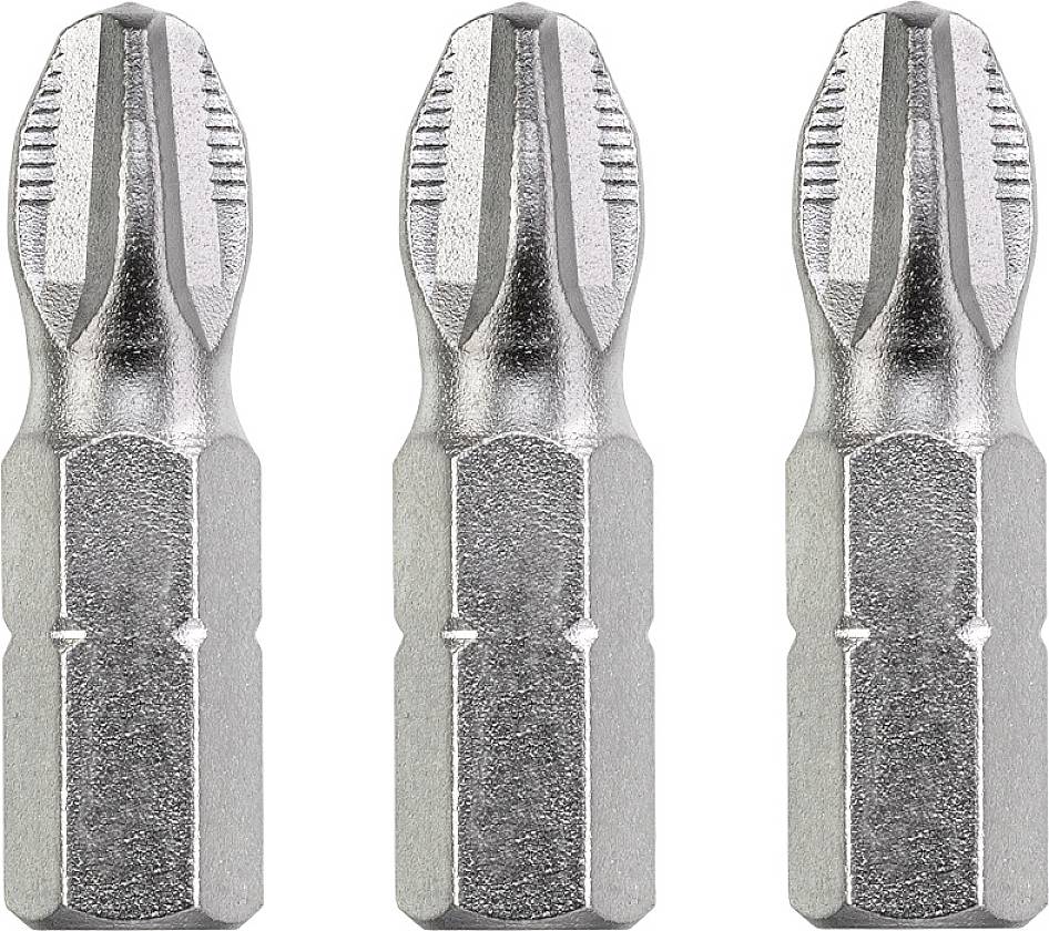 Drei identische Kreuzschlitz-Schraubendreherbits aus Metall nebeneinander platziert.