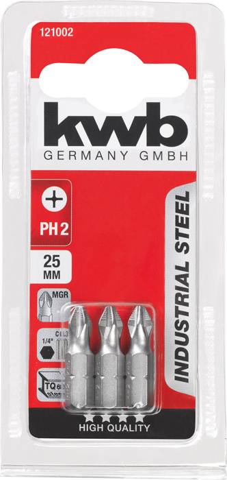 Drei PH2 Schrauberbits aus Industriestahl, 25 mm Länge, geeignet für Maschinenarbeit. Verpackt von KWB Germany GmbH.
