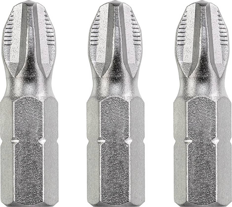 Drei silberne Schraubendreher-Bits in einer Reihe, mit flacher Spitze und geriffelter Oberfläche.