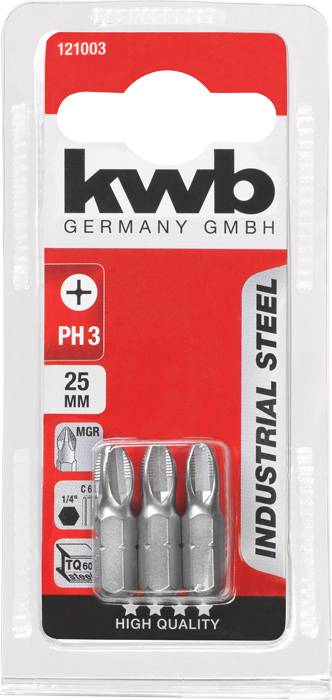 Drei PH3 Schraubendreher-Bits aus Industriestahl, verpackt. Verpackung mit Markenname, Artikelnummer und Hinweisen zur Qualität.