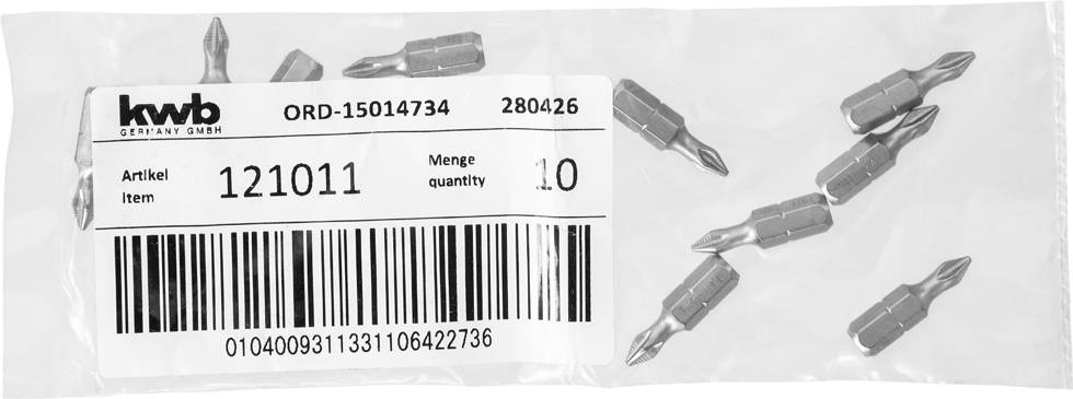 Verpackung mit zehn Kreuzeinsätzen, gekennzeichnet als Artikelnummer '121011'. Enthält Barcode und Herstellerinformationen.