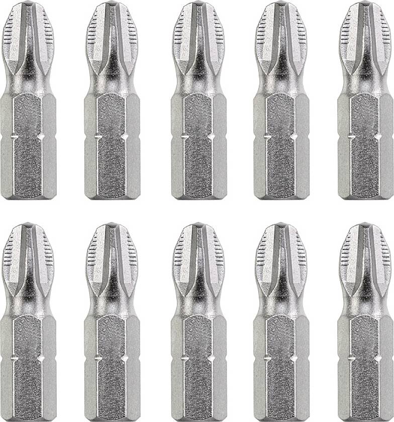 Zehn silberne Schraubendreher-Bits mit Kreuzschlitz-Spitze in zwei Reihen angeordnet. Sie sind aus Metall und haben eine glänzende Oberfläche.