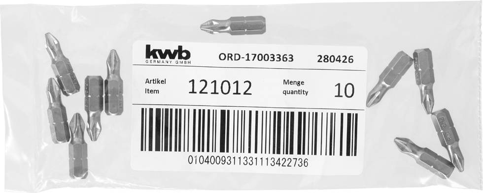 Eine Packung Schraubendreher-Bits mit der Aufschrift 'Artikelnummer 121012'. Enthält 10 Bits, Anbieter ist 'kwb Germany GmbH'.