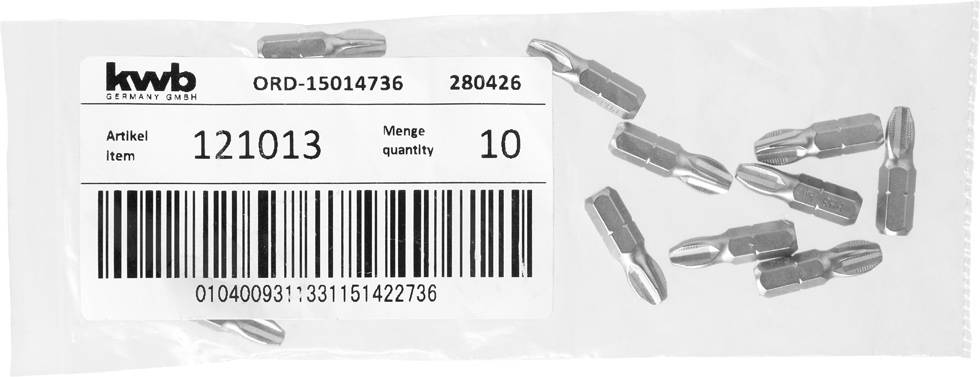 Plastikbeutel mit zehn Metall-Bits, Etikett zeigt 'Artikel 121013', 'Menge 10', und Barcode. Marke 'kwb Germany GmbH'.